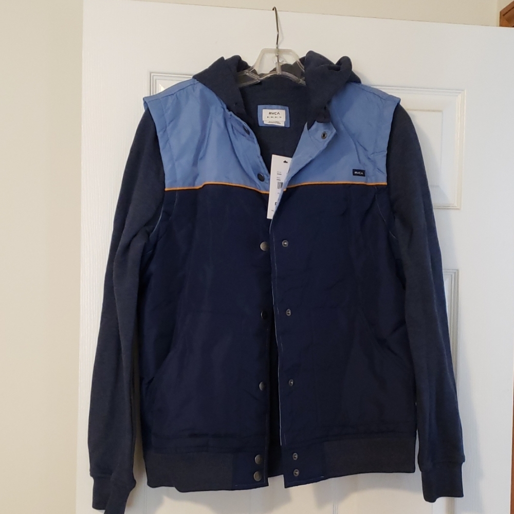 Trucker style vest with attached hooded sweatshirt